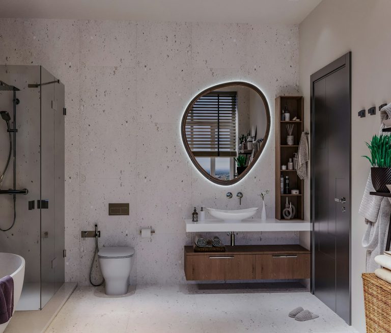 A bathroom with a sink, mirror, toilet and tub